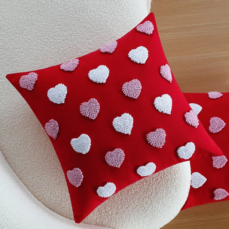Square cushion cover with hand-tufted 3D heart relief and sturdy canvas quality Stornfield
