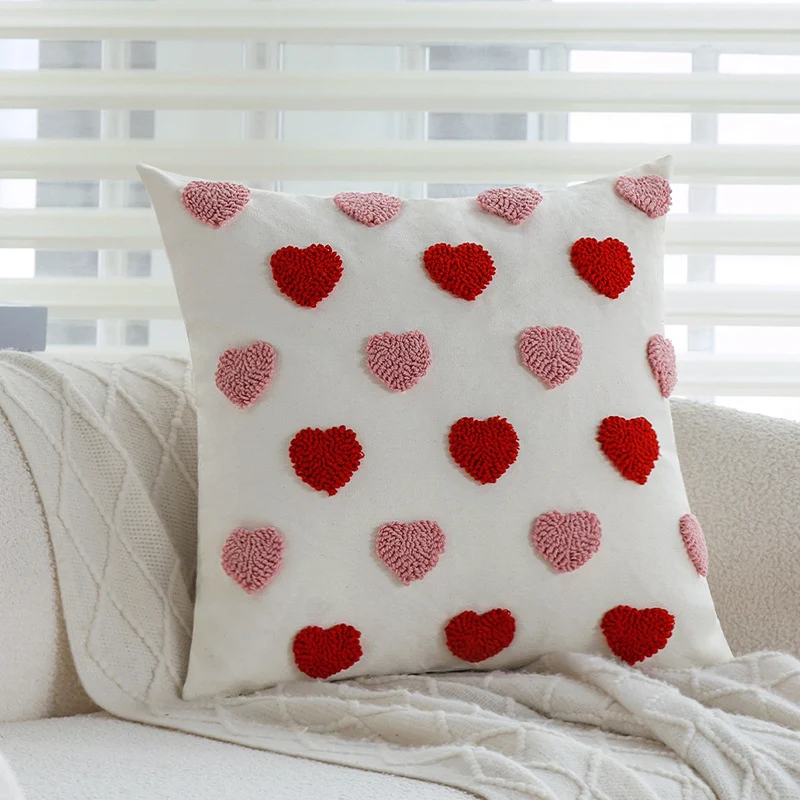 Square cushion cover with hand-tufted 3D heart relief and sturdy canvas quality Stornfield
