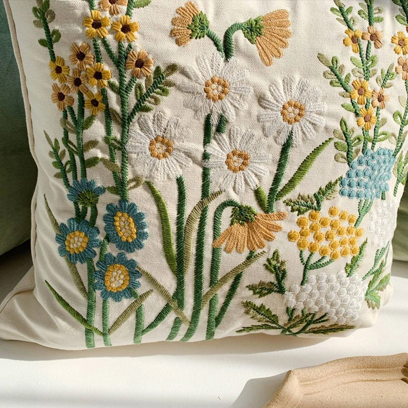 Square cushion cover with hand-embroidered wildflower relief, linen-cotton blend and concealed zipper Stornfield