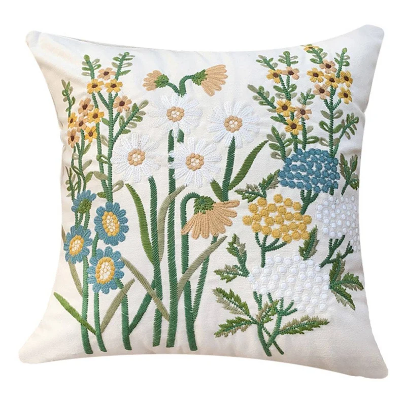 Square cushion cover with hand-embroidered wildflower relief, linen-cotton blend and concealed zipper Stornfield
