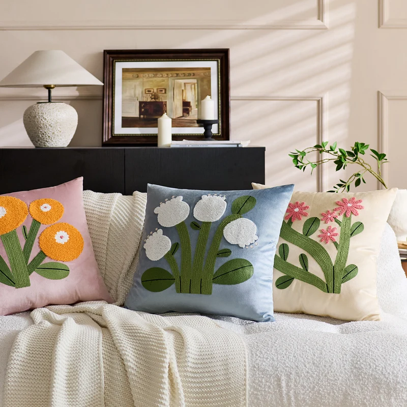 Quadratisches Samt-Applikations-Tufted Floral Akzent-Wurfkissen