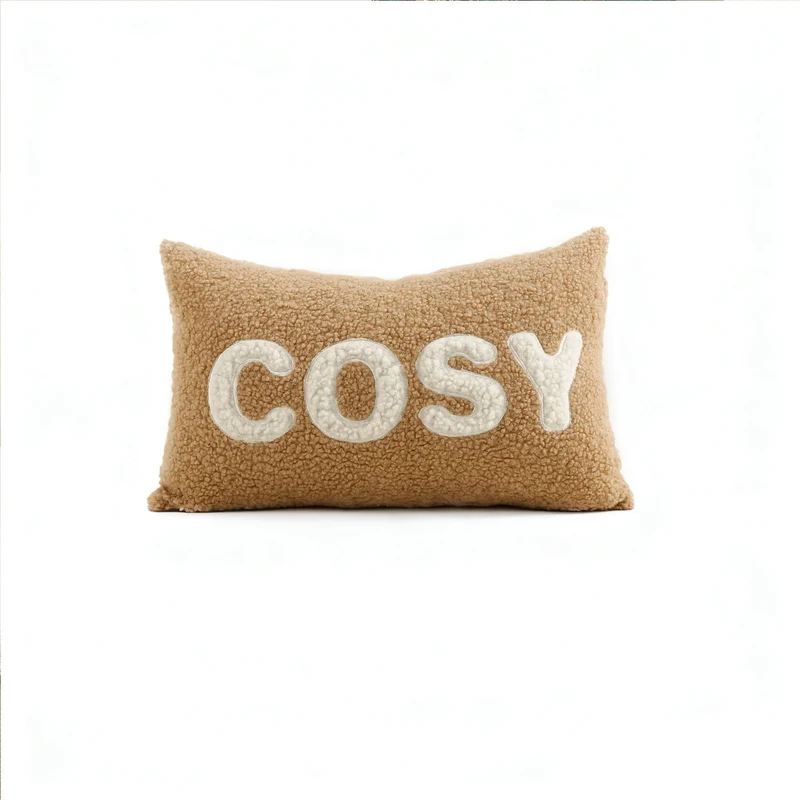 Sherpa-Faux-Shearling-Lendenkissenbezug mit Appliziertem Schriftzug