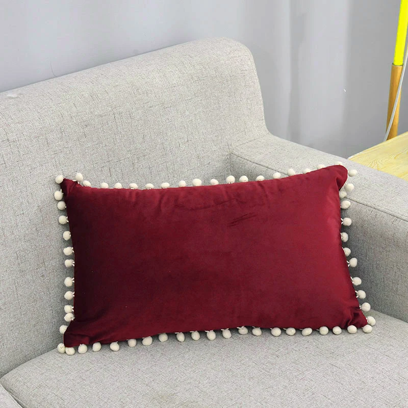 Rechteckiges Pom-Pom-Besatz Lendenkissenbezug Baumwoll-Leinen-Mischung mit verstecktem Reißverschluss