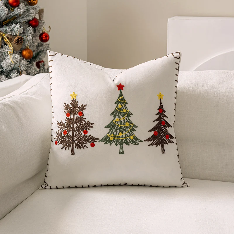 Plüsch-Velours-Quadrat-Akzentkissenbezug mit handgestickter Weihnachtsbaumstickerei und Lockstichkante