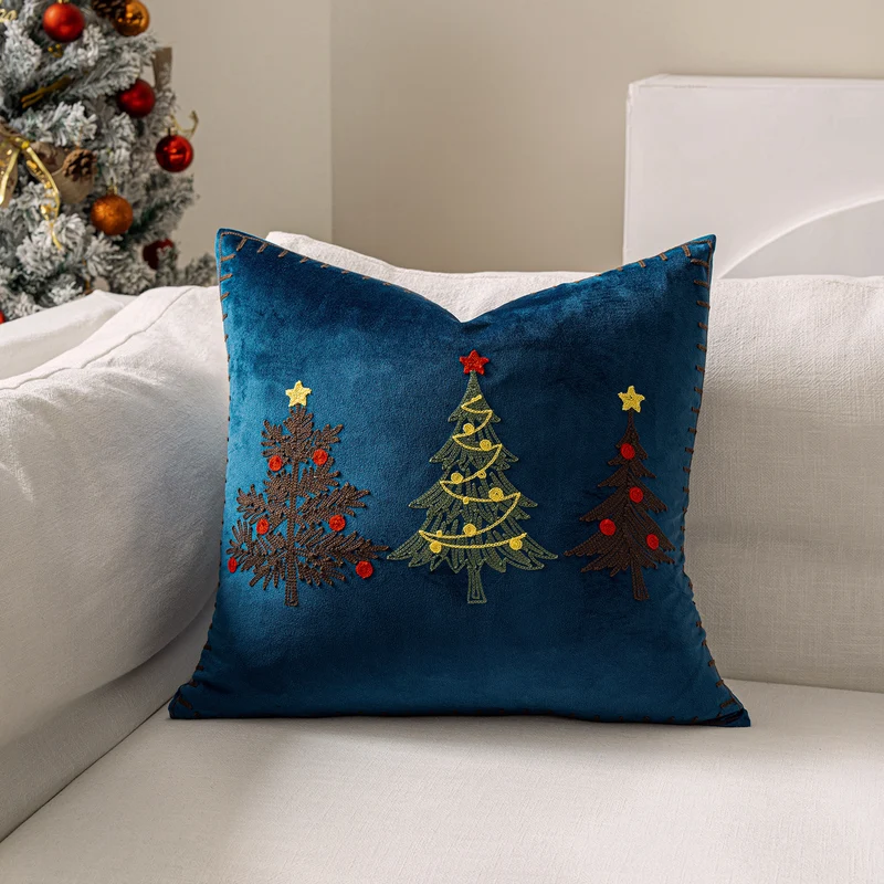 Plüsch-Velours-Quadrat-Akzentkissenbezug mit handgestickter Weihnachtsbaumstickerei und Lockstichkante