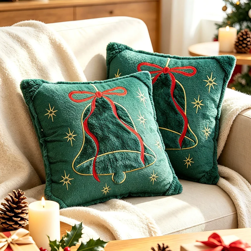 Luxuriös besticktes Samt Weihnachts-Wurfkissen mit Kunstfell-Fransen