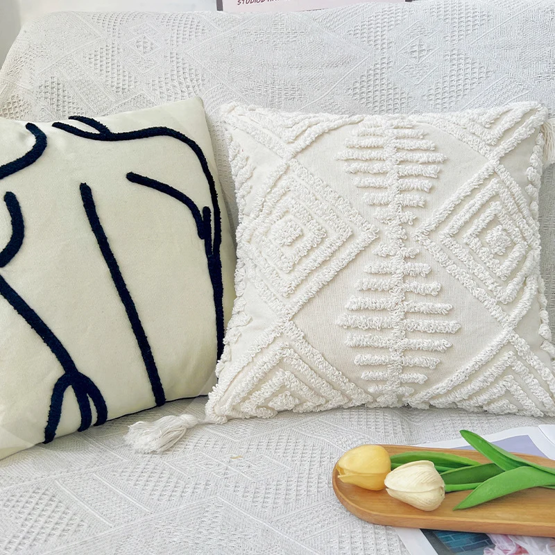 Square decorative cushion cover with hand-tufted line-style applique made of cotton blend Stornfield