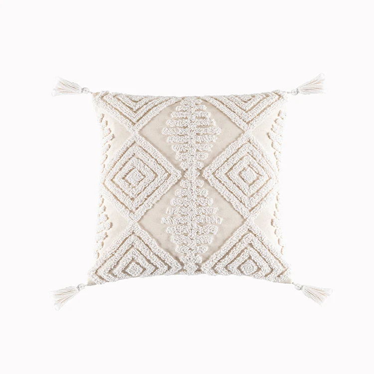 Square decorative cushion cover with hand-tufted line-style applique made of cotton blend Stornfield