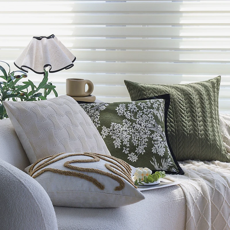 Square decorative cushion cover with hand-tufted loop appliqués made from cotton-linen mix Stornfield