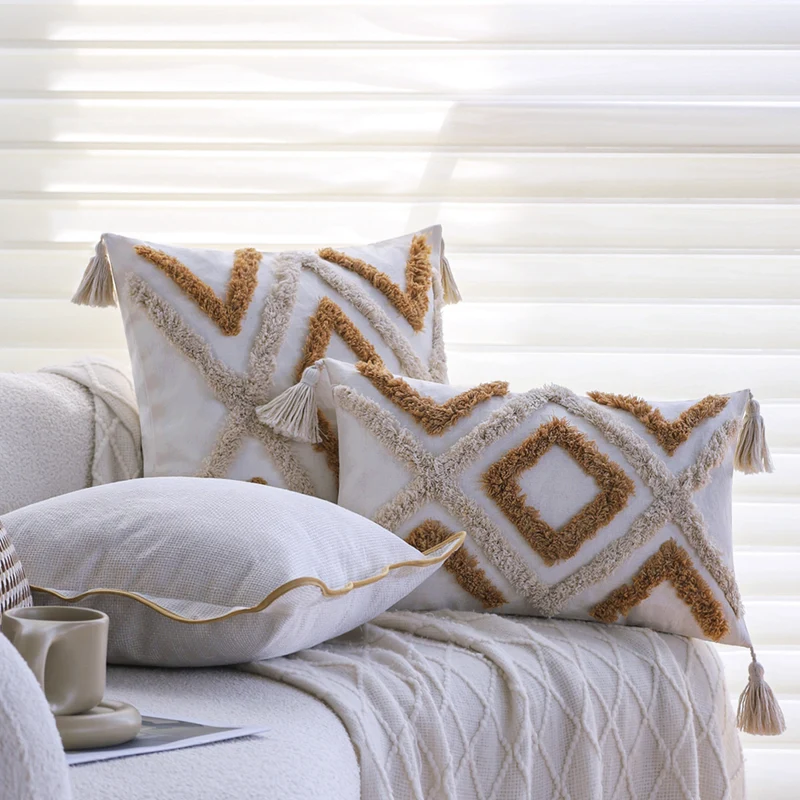 Square decorative cushion cover with hand-tufted diamond-loop relief, corner tassels, and cotton-linen mix Stornfield