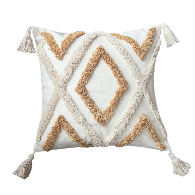 Square decorative cushion cover with hand-tufted diamond-loop relief, corner tassels, and cotton-linen mix Stornfield