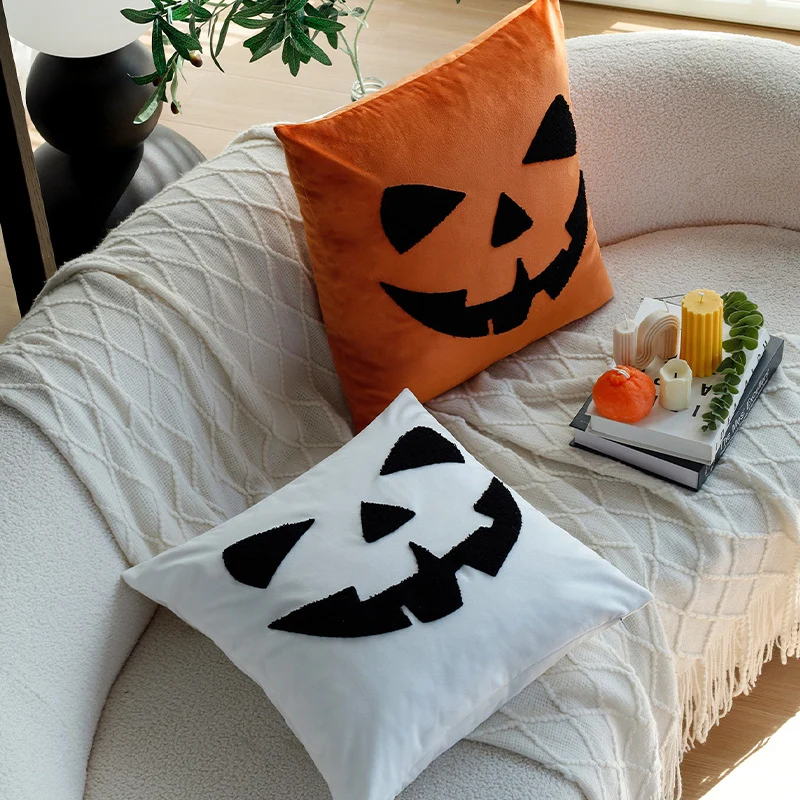 Square decorative cushion cover with hand-tufted pumpkin lantern motif made of microvelours Stornfield