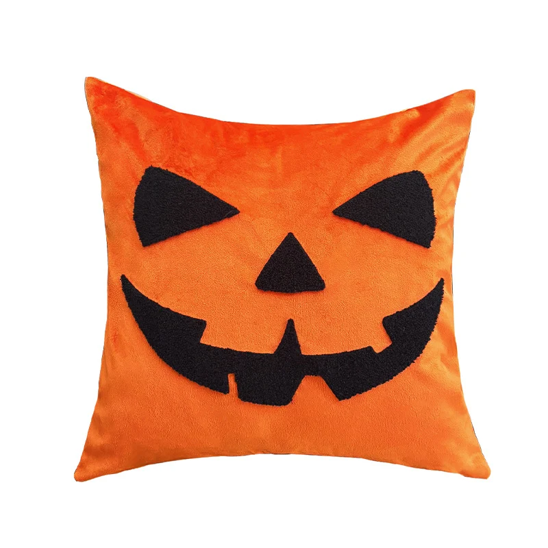 Square decorative cushion cover with hand-tufted pumpkin lantern motif made of microvelours Stornfield