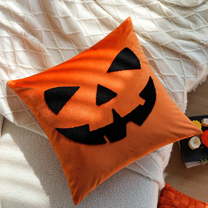 Square decorative cushion cover with hand-tufted pumpkin lantern motif made of microvelours Stornfield