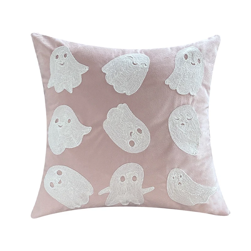 Square decorative cushion cover with Halloween pumpkin face tuft appliqué made of velvet Stornfield