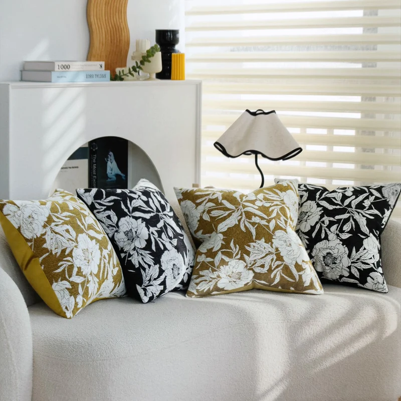 Square Decorative Pillow Cover with Large Floral Jacquard and Velvety Back Stornfield