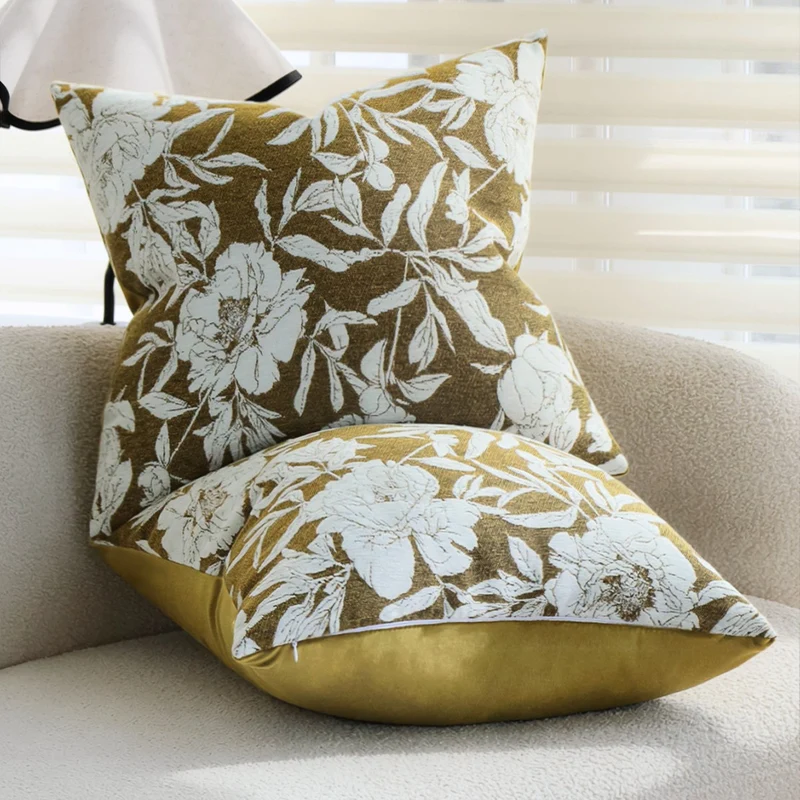 Square Decorative Pillow Cover with Large Floral Jacquard and Velvety Back Stornfield
