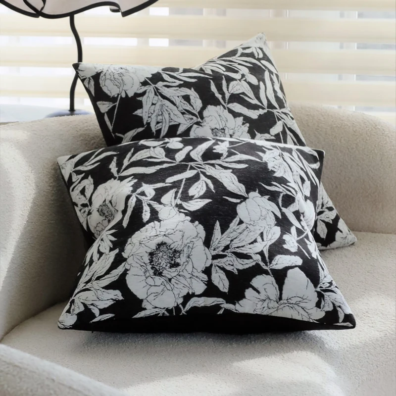 Square Decorative Pillow Cover with Large Floral Jacquard and Velvety Back Stornfield