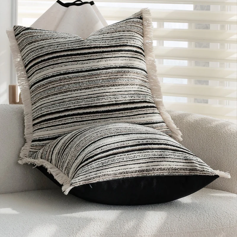 Square Decorative Cushion Cover with Striped Boucle Structure and Fine Fringe Edge Stornfield