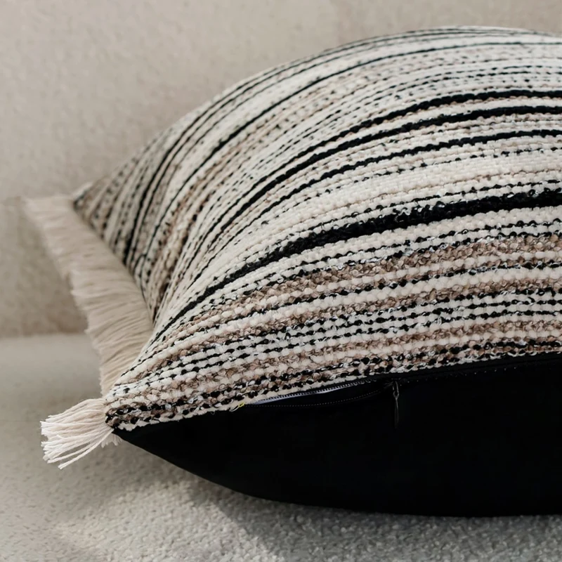Square Decorative Cushion Cover with Striped Boucle Structure and Fine Fringe Edge Stornfield