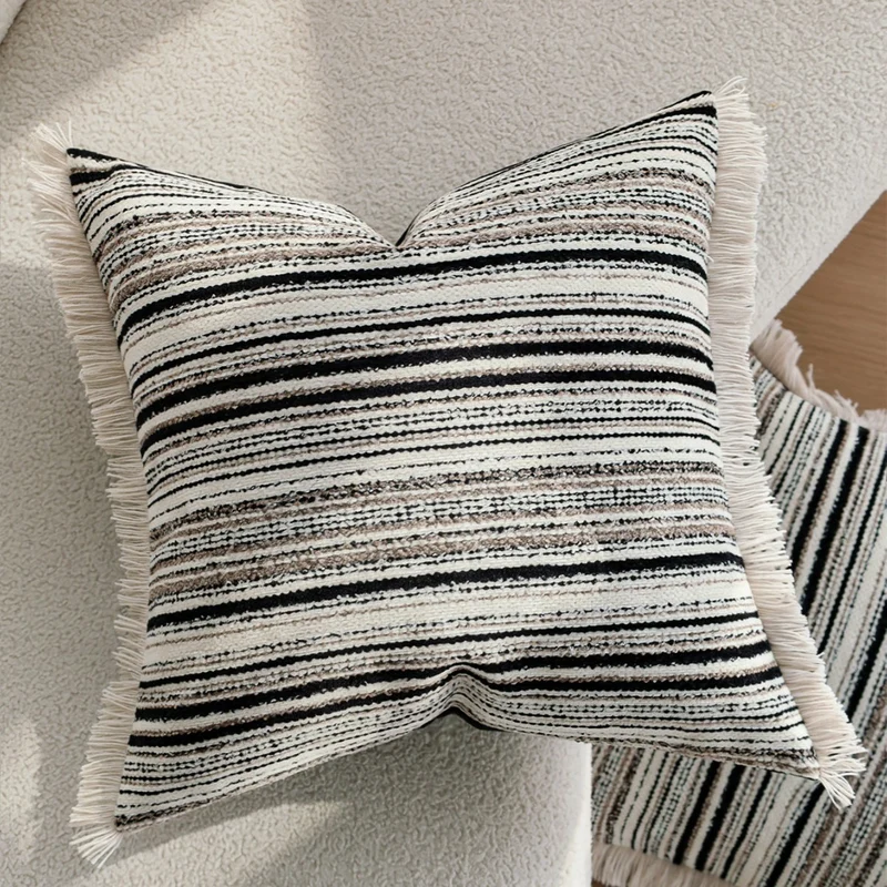 Square Decorative Cushion Cover with Striped Boucle Structure and Fine Fringe Edge Stornfield