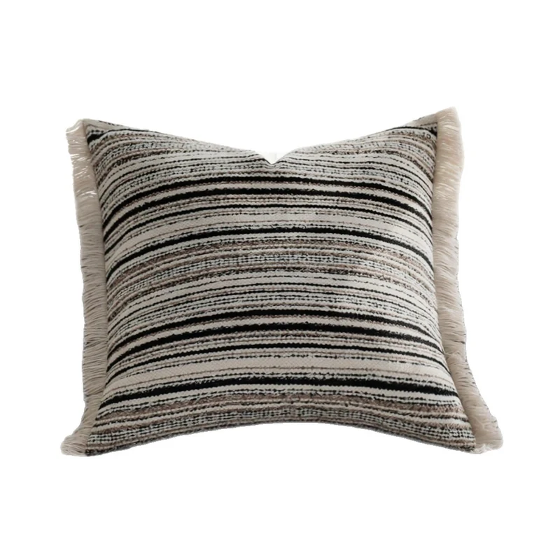 Square Decorative Cushion Cover with Striped Boucle Structure and Fine Fringe Edge Stornfield