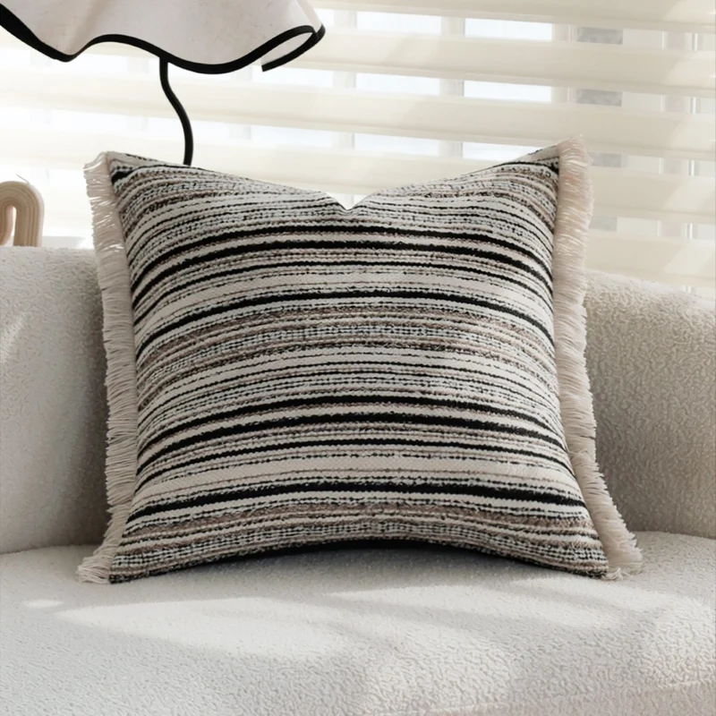 Square Decorative Cushion Cover with Striped Boucle Structure and Fine Fringe Edge Stornfield