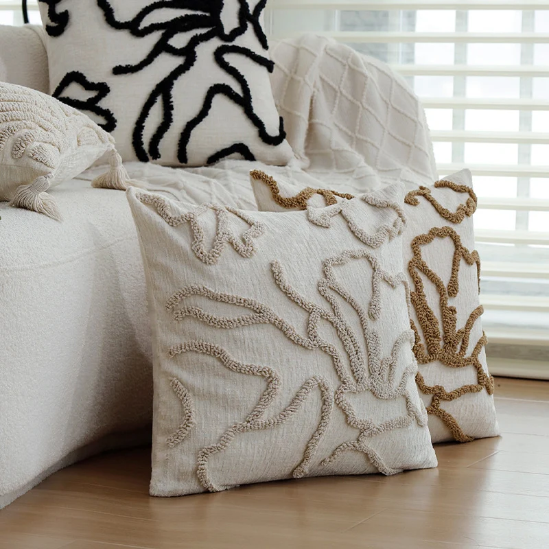 Square decorative cushion cover with raised floral chenille tufting and linen look Stornfield