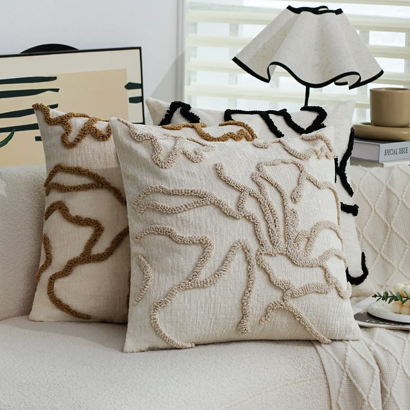 Square decorative cushion cover with raised floral chenille tufting and linen look Stornfield