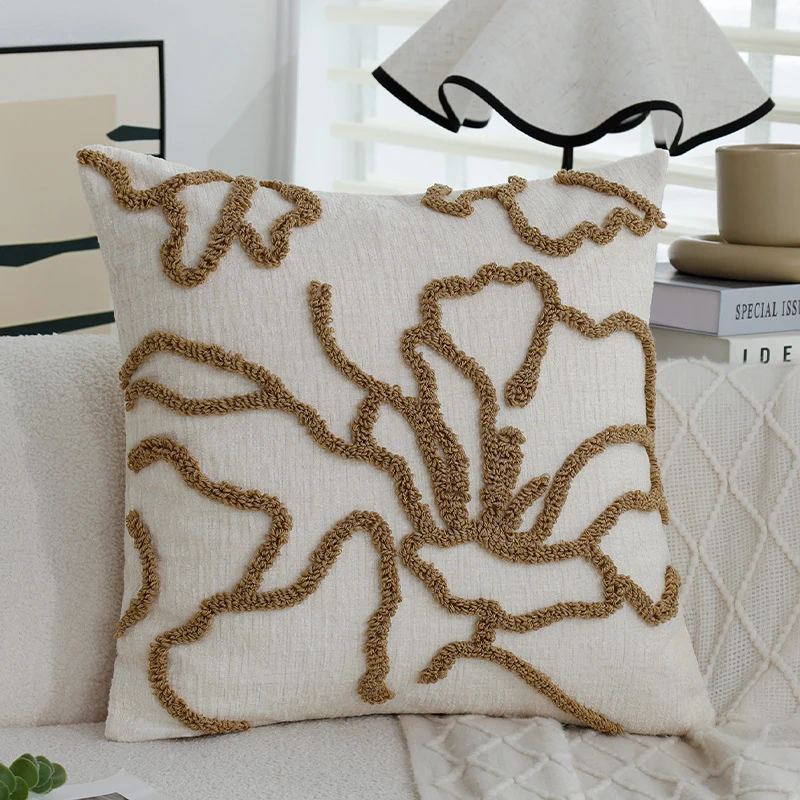 Square decorative cushion cover with raised floral chenille tufting and linen look Stornfield