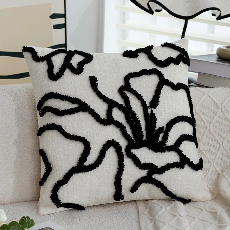 Square decorative cushion cover with raised floral chenille tufting and linen look Stornfield