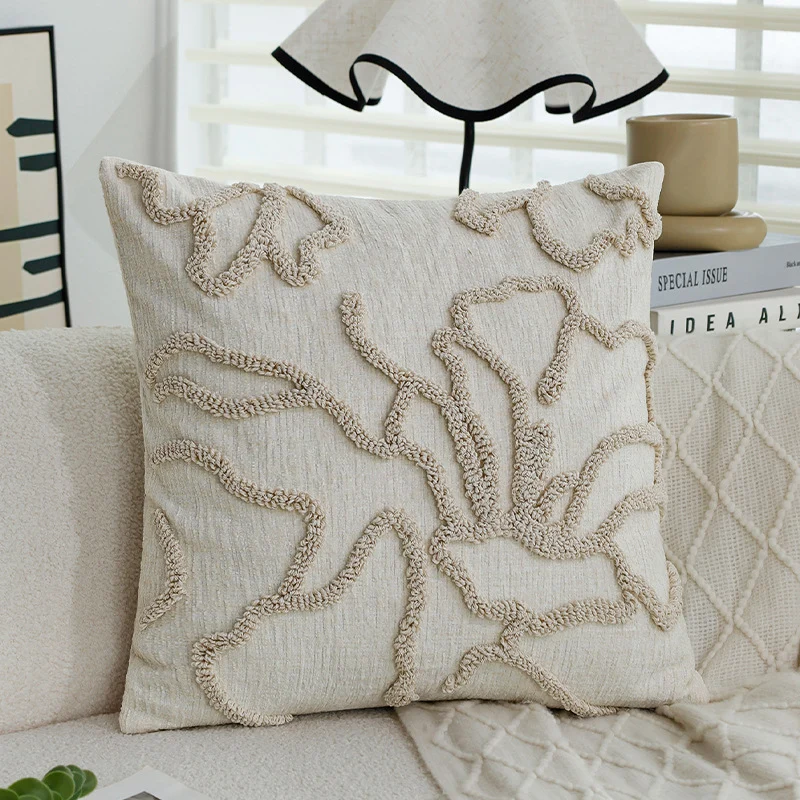 Square decorative cushion cover with raised floral chenille tufting and linen look Stornfield