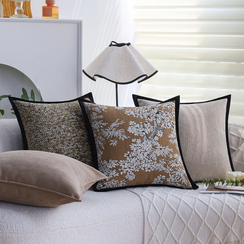 Square decorative cushion cover with dense bouclé weave structure and contrasting piping Stornfield