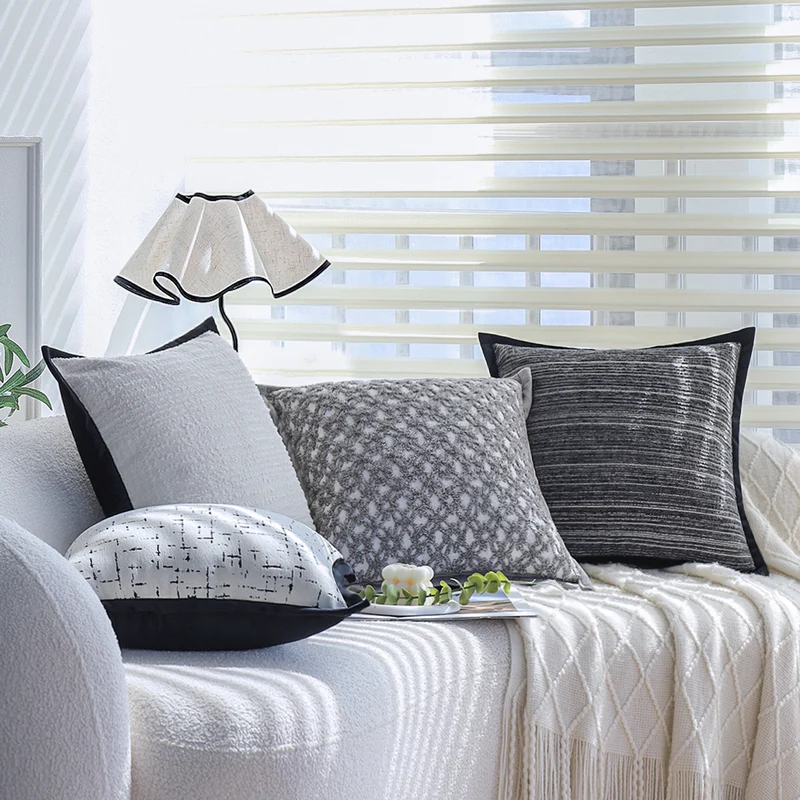 Square decorative pillowcase with abstract grid print and black piping Stornfield