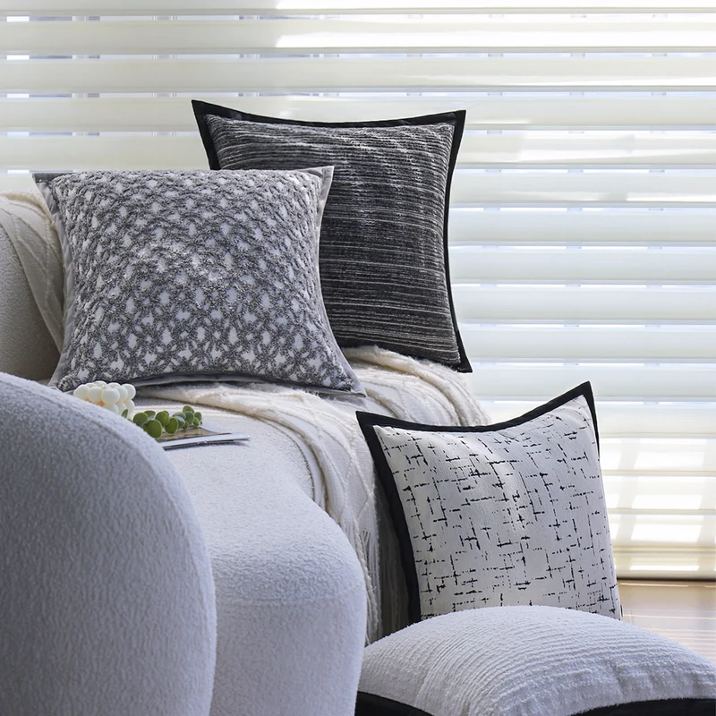 Square decorative pillowcase with abstract grid print and black piping Stornfield