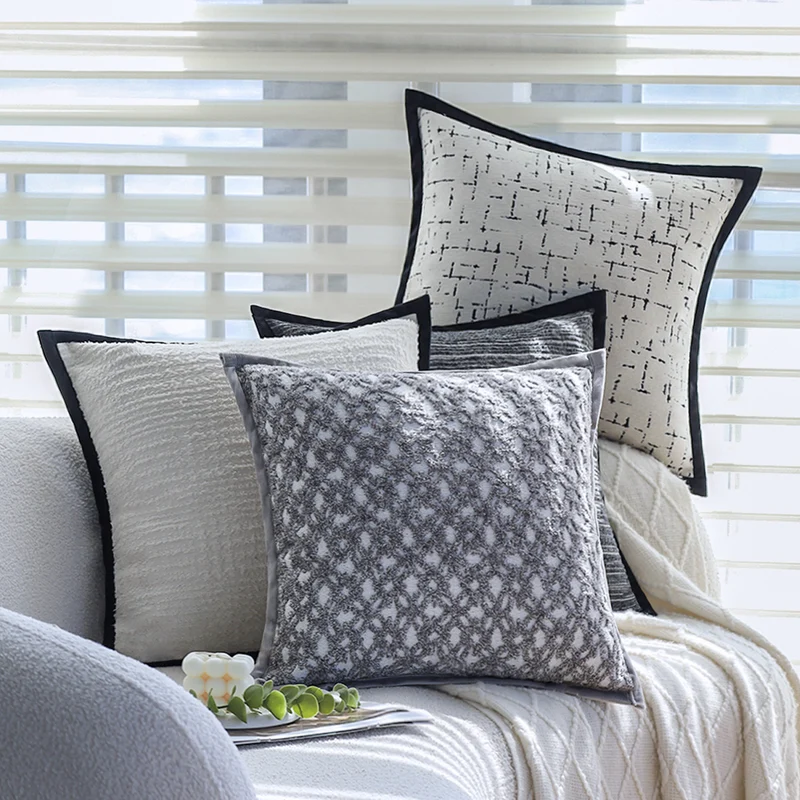 Square decorative pillowcase with abstract grid print and black piping Stornfield