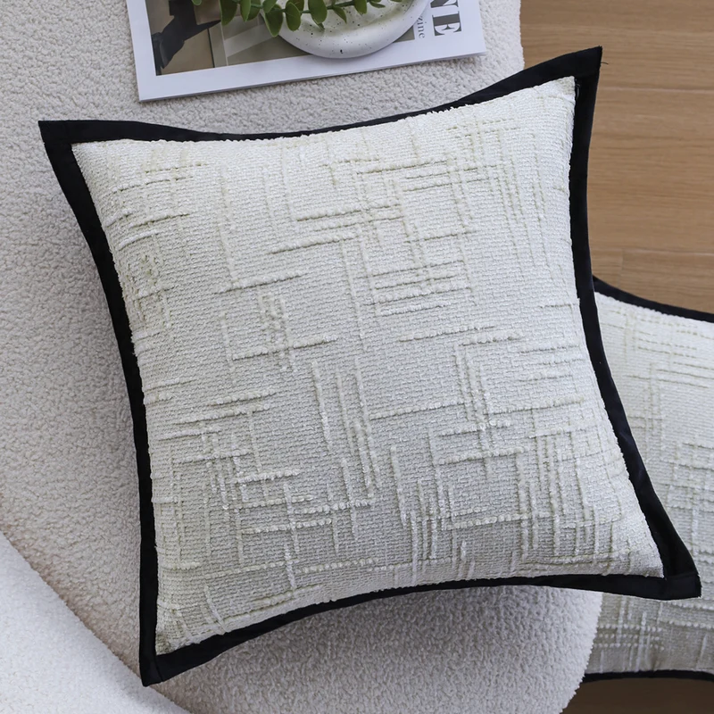 Square decorative pillowcase with abstract grid print and black piping Stornfield