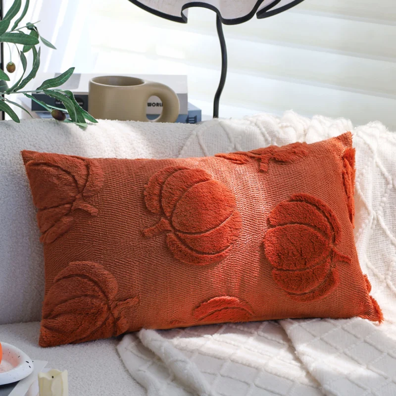 Square decorative pillow cover with 3D pumpkin tufting made of fluffy chenille and concealed zipper Stornfield