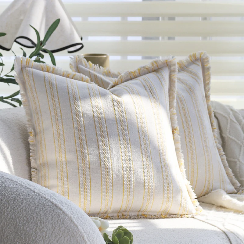Square decorative cushion cover in linen-cotton blend with fine stripes and decorative fringed edge Stornfield