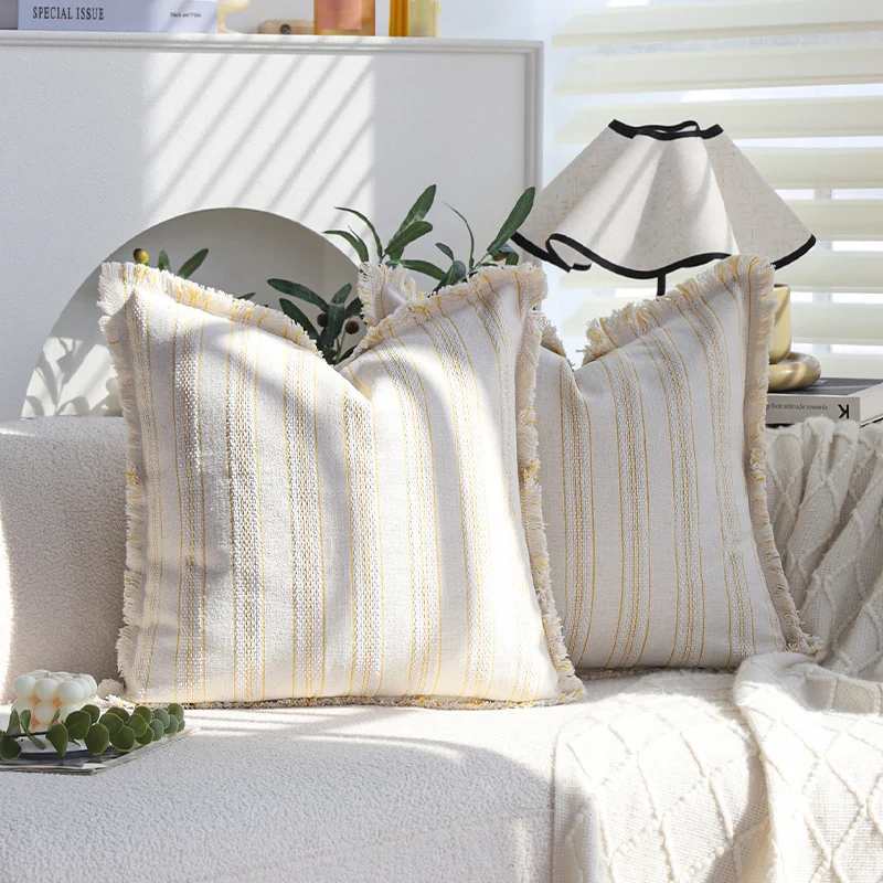 Square decorative cushion cover in linen-cotton blend with fine stripes and decorative fringed edge Stornfield