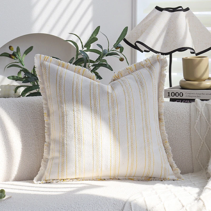 Square decorative cushion cover in linen-cotton blend with fine stripes and decorative fringed edge Stornfield