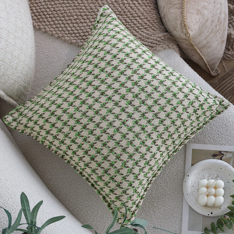 Square decorative cushion cover in fine houndstooth jacquard made of sustainable cotton-linen blend Stornfield