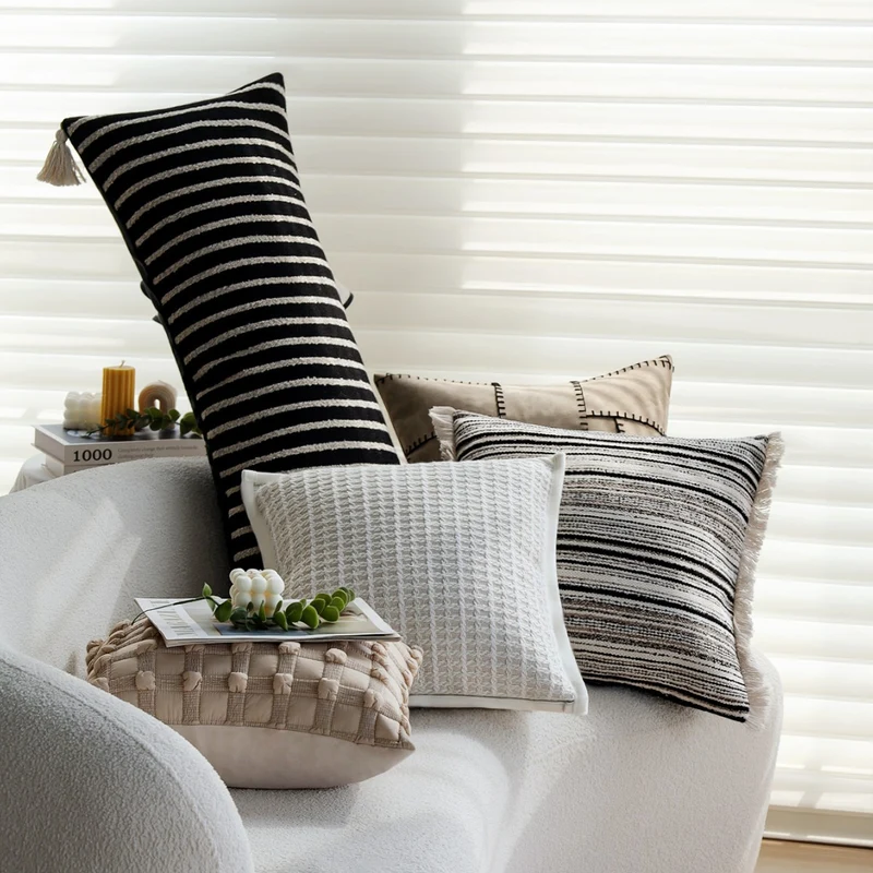 Woven home decor pillow cover with fine striped texture and hand-fringed edge Stornfield
