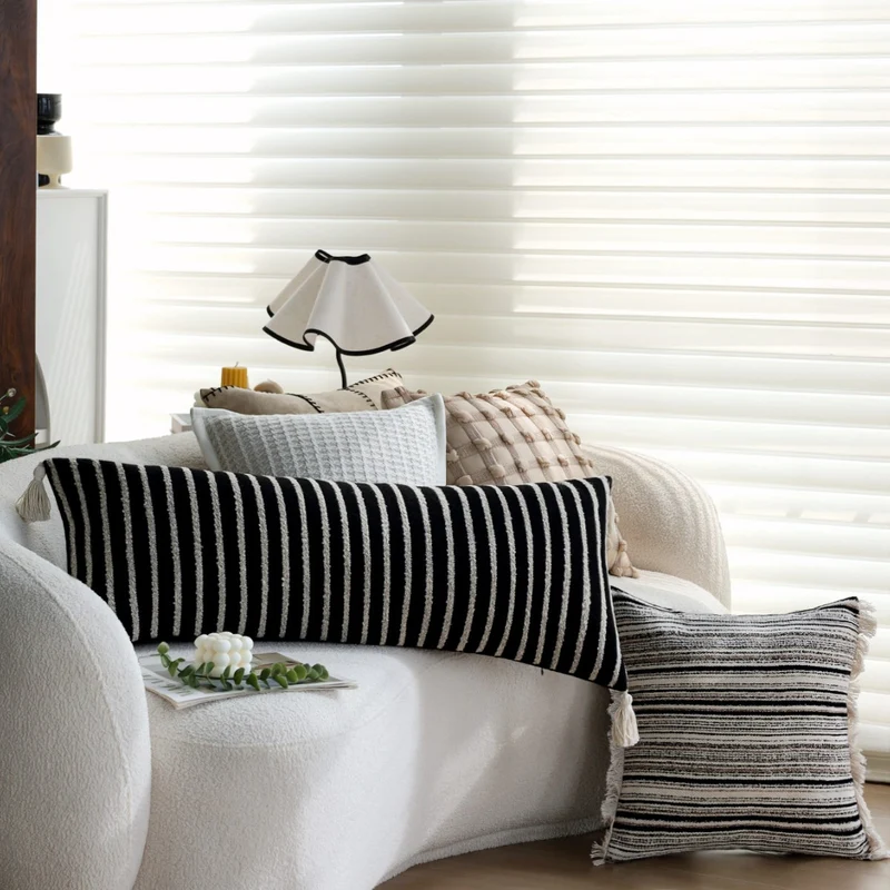 Woven home decor pillow cover with fine striped texture and hand-fringed edge Stornfield