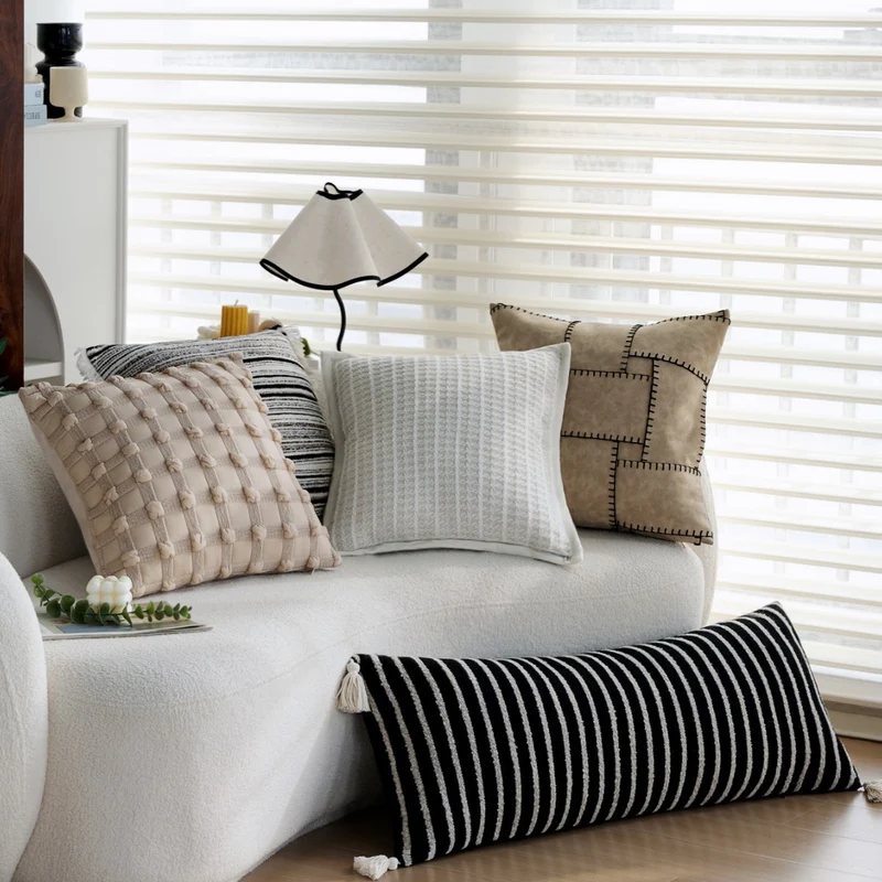 Woven home decor pillow cover with fine striped texture and hand-fringed edge Stornfield