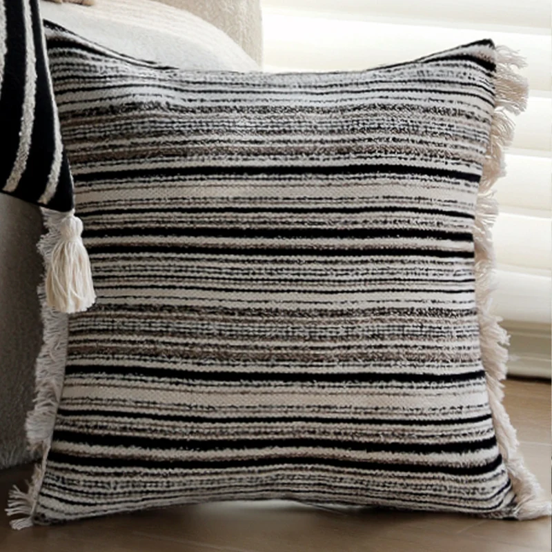 Woven home decor pillow cover with fine striped texture and hand-fringed edge Stornfield