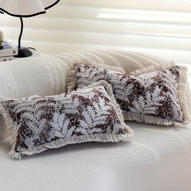 Woven decorative cushion cover with botanical jacquard, hand-cut fringes and velvet back Stornfield