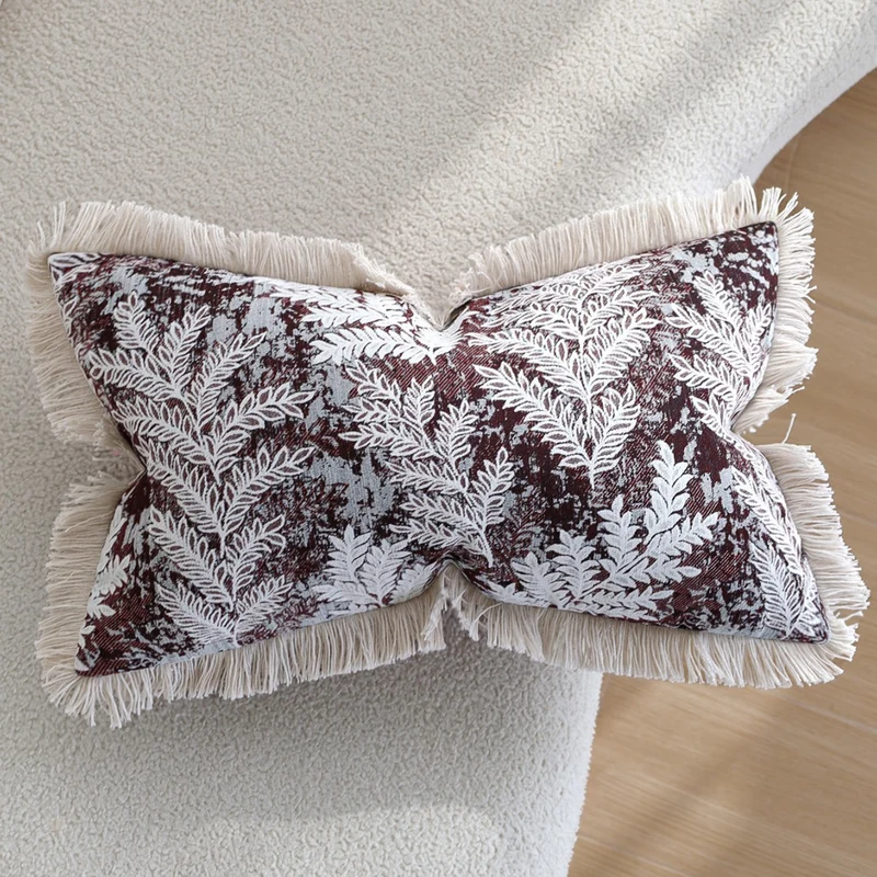 Woven decorative cushion cover with botanical jacquard, hand-cut fringes and velvet back Stornfield