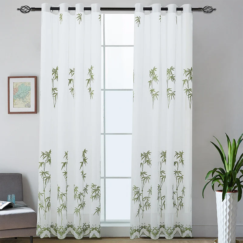 Curtain with eyelets made of semi-transparent voile, embroidered bamboo motif and hemmed decorative edge Stornfield