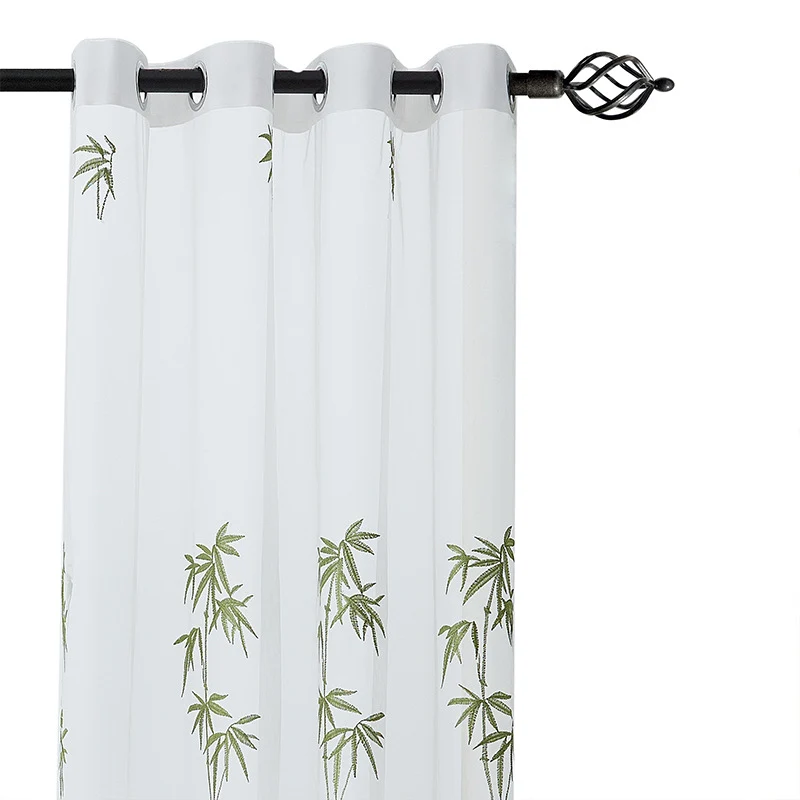 Curtain with eyelets made of semi-transparent voile, embroidered bamboo motif and hemmed decorative edge Stornfield